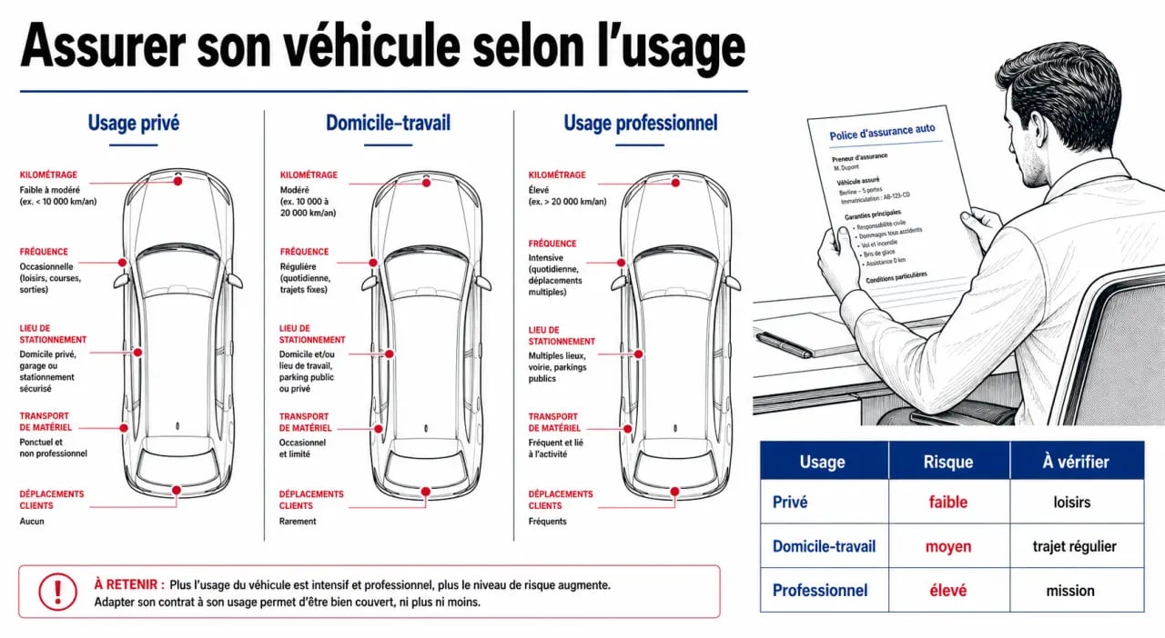 Optimiser ses déplacements professionnels pour réduire ses frais d'assurance auto : infographie des usages déclarés et des garanties à vérifier